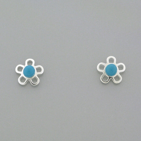Sterling Silver Screw Back Earrings - Flower with Blue Coloured Stone