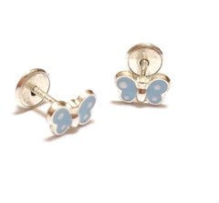 Sterling Silver Screw Back Earrings - Baby Blue Butterfly