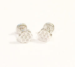 18K White Gold Screw Back Earrings - Glitter Flower