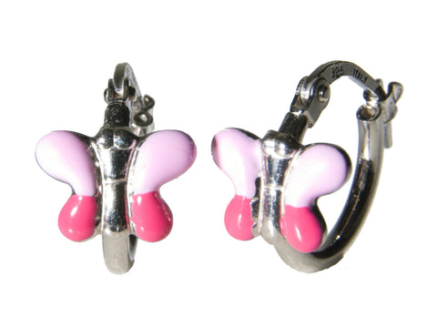 Pink Butterfly Sterling Silver Hoop Earrings