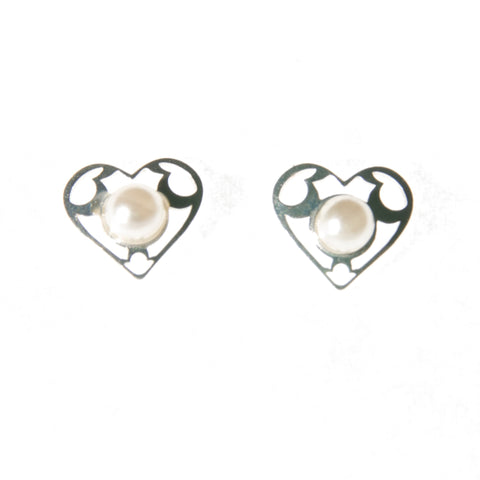 Sterling Silver Screw Back Earrings - Heart with Pearl