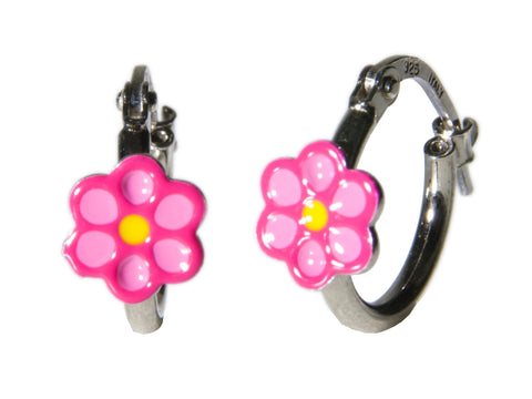 Hot Pink Flower Sterling Silver Hoop Earrings