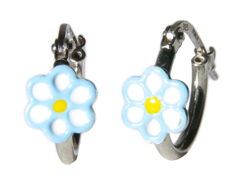 Light Blue Flower Sterling Silver Hoop Earrings