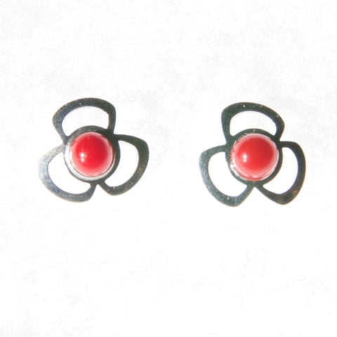 Sterling Silver Screw Back Earrings - Red Stone set in Clover Setting