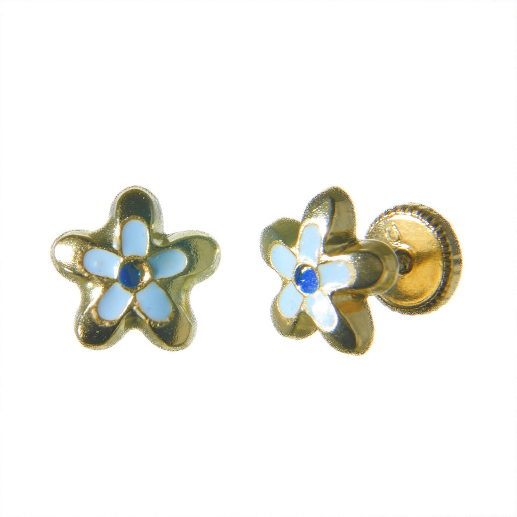 Screw Back 18K Gold Earrings Small Blue Colorful Flower