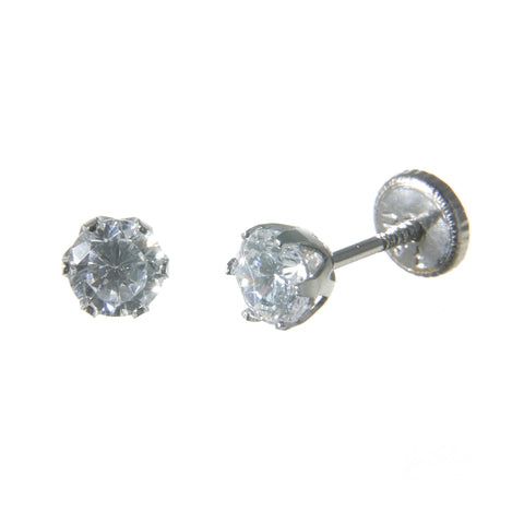 18K White Gold Screw Back Earrings - Small Cubic Stud