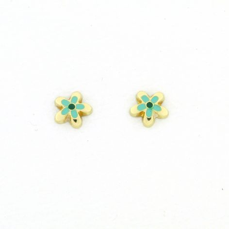 Screw Back 18K Gold Earrings - Green Colorful Flower