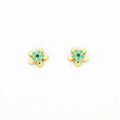 Screw Back 18K Gold Earrings - Green Colorful Flower