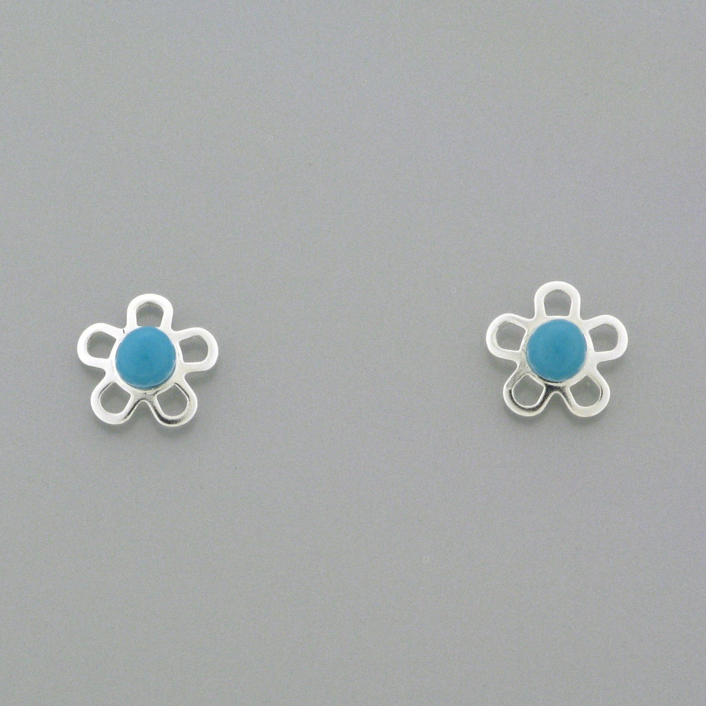 Sterling Silver Screw Back Earrings - Flower with Blue Coloured Stone