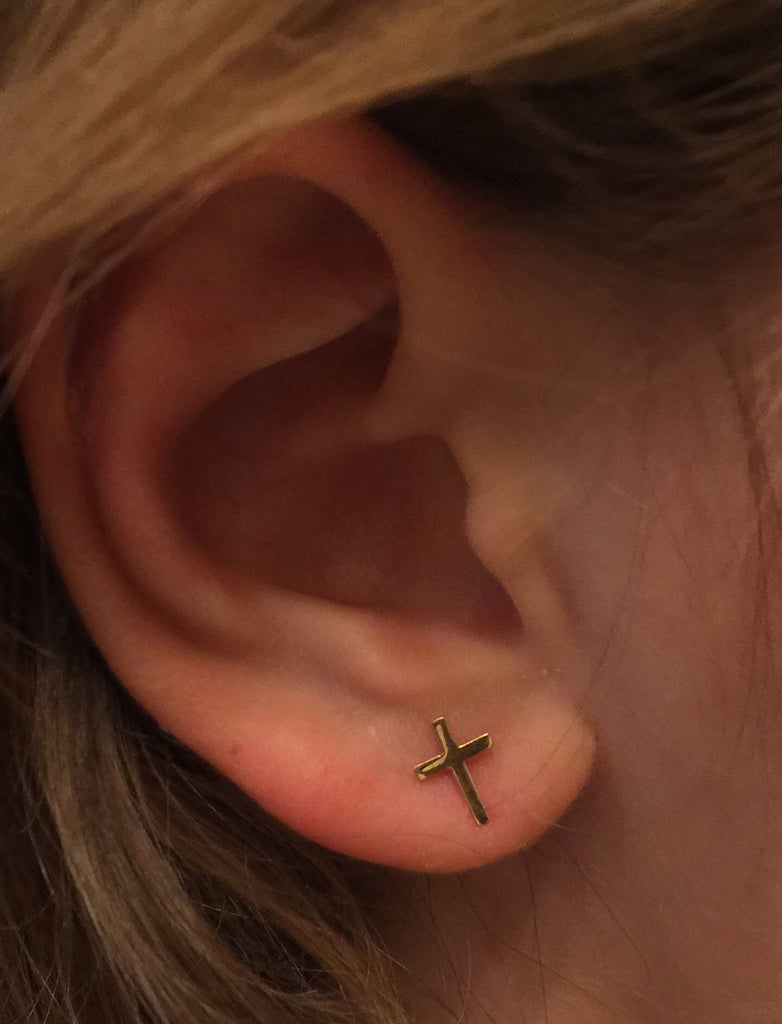 18K Gold Cross Stud Screw Back Earrings