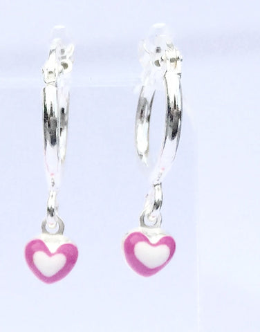 Drop Pink Heart Sterling Silver Hoop Earrings
