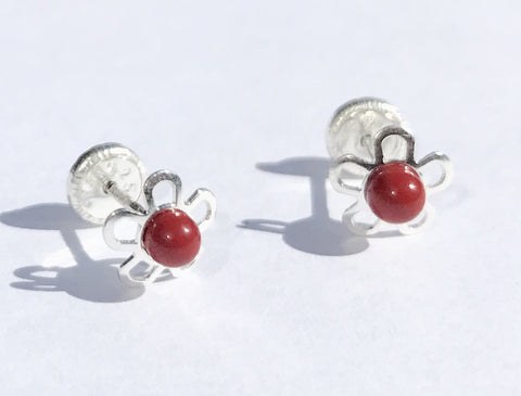 Sterling Silver Screw Back Earrings - Flower with Red Coloured Stone