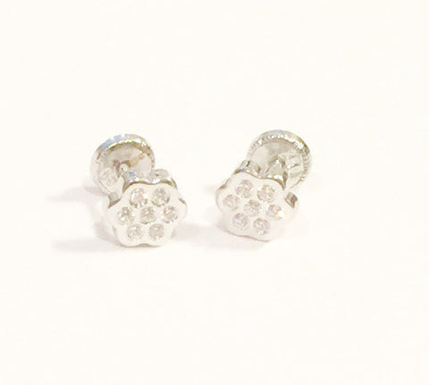 18K White Gold Screw Back Earrings - Glitter Flower