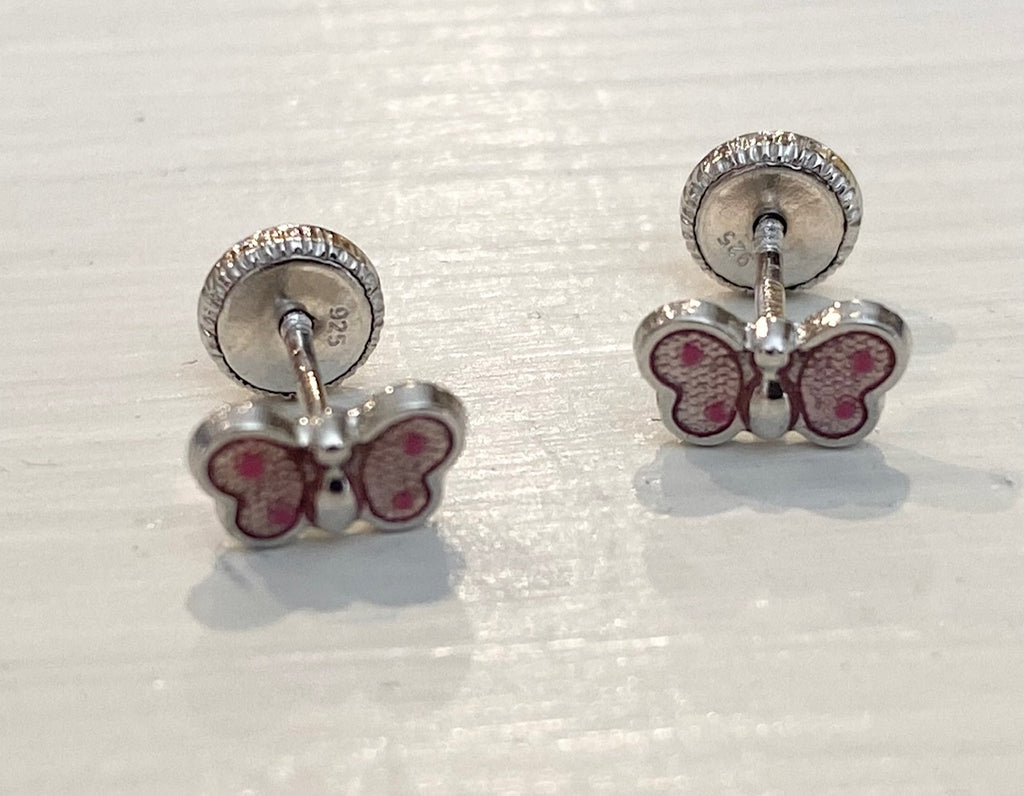 925 Sterling Silver Heart & Flower Pink CZ Screw Back Stud Earrings  Children Girls - Body Pierce Jewelry