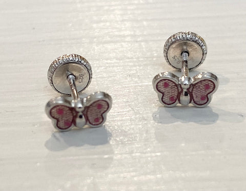 Sterling Silver Screw Back Earrings - Pink Butterfly