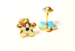 Screw Back 18K Gold Earrings - Blue Colorful Flower