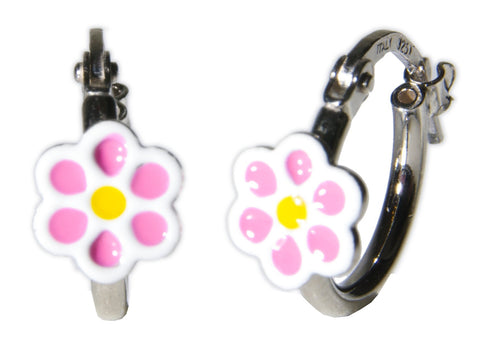 Soft Pink Flower Sterling Silver Hoop Earrings