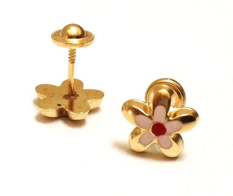 Screw Back 18K Gold Earrings -Pink Colorful Flower